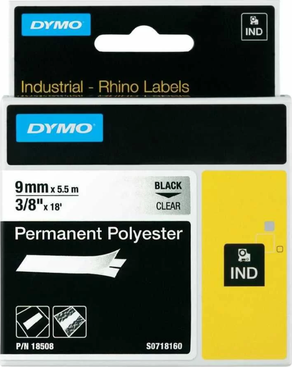 DYMO RhinoPRO 18508 Şeffaf/Siyah Sabit Polyester Şerit 9 mm x 5,5 mt - Image 1