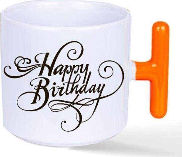 Kişiye Özel Happy Brithday Doğum Günü Özel Kulplu Süblimasyon Baskılı Porselen Kupa Bardak Turuncu T - Image 1