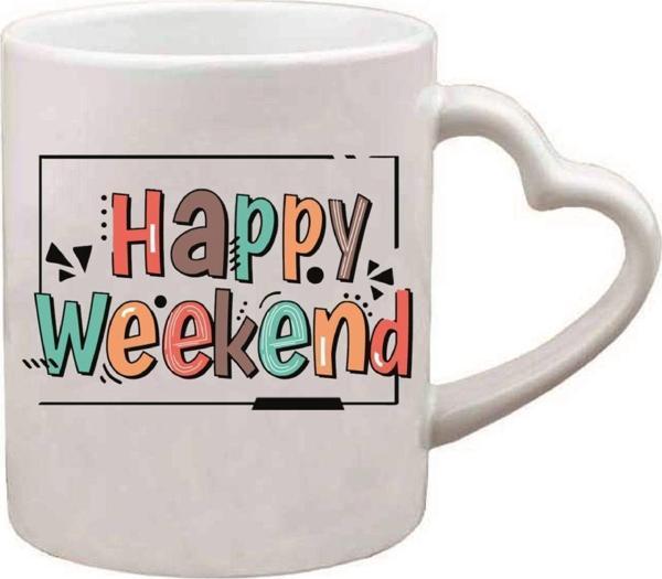 Kişiye Özel Happy Weekend Renkli Kalp Kulp Özel Süblimasyon Kaliteli Baskılı Porselen Kupa Bardak Kalp Kulp - Image 1