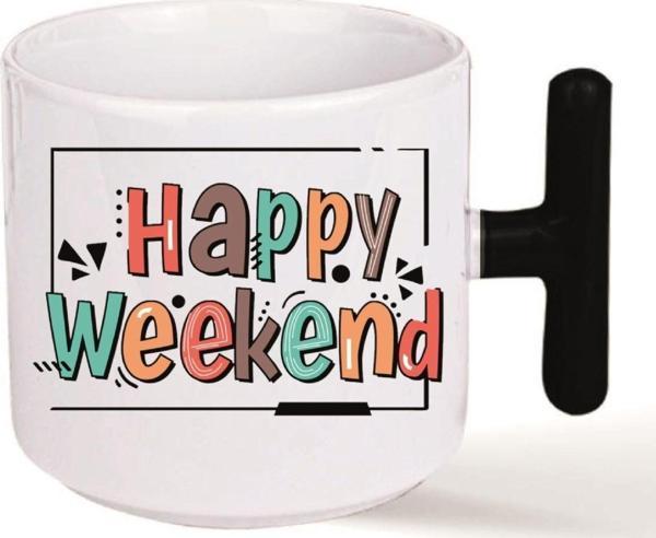 Kişiye Özel Happy Weekend Renkli Kalp Kulp Özel Süblimasyon Kaliteli Baskılı Porselen Kupa Bardak Siyah T - Image 1