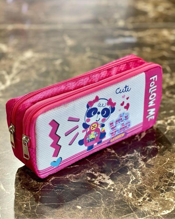 Sevimli Panda Desenli İki Bölmeli Çocuk Okul Pembe Renkli Kız Kalemlik Kalem Kutusu 21 x 11 x 6 cm - Image 1