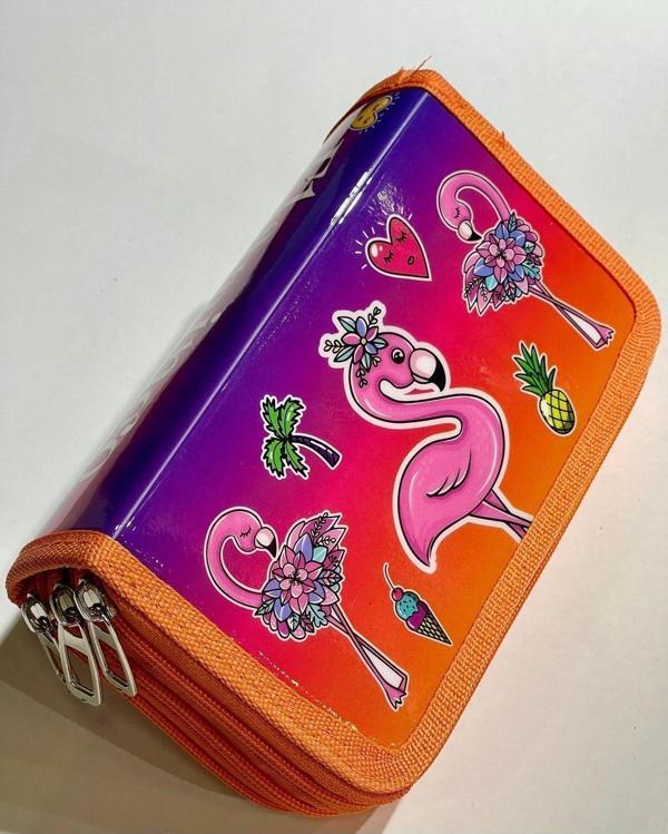 Cappi Bag Turuncu Pembe Flamingo 3 Fermuarlı Bölmeli Kız Çocuk Okul Kalem Kutusu 19x11x6cm - Image 1