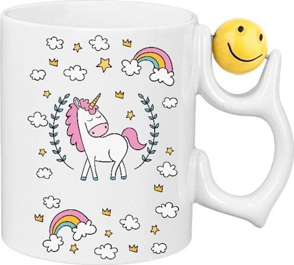 Kişiye Özel Unicorn Gülen Yüz Kulplu Süblimasyon Baskılı Porselen Kupa Bardak 300ml-185ml - Image 1