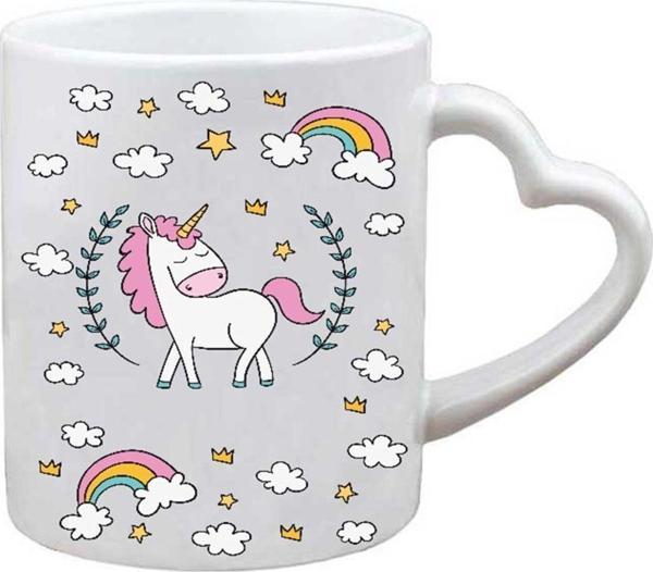 Kişiye Özel Unicorn Kalpli T Kulplu Süblimasyon Baskılı Porselen Kupa Bardak 300ml-185ml Kalp - Image 1