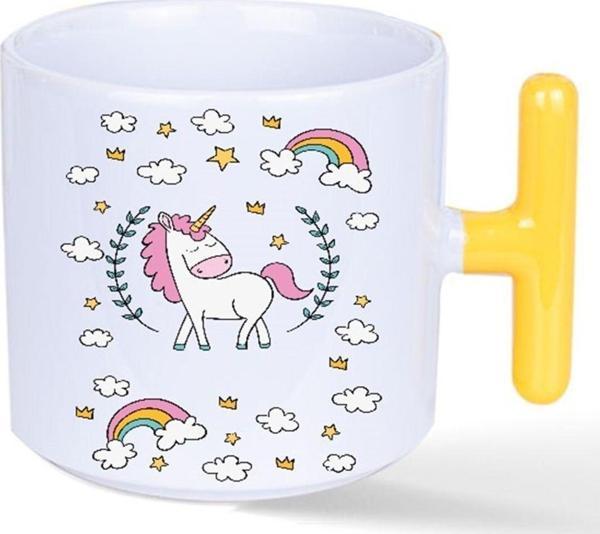 Kişiye Özel Unicorn Kalpli T Kulplu Süblimasyon Baskılı Porselen Kupa Bardak 300ml-185ml Sarı T - Image 1