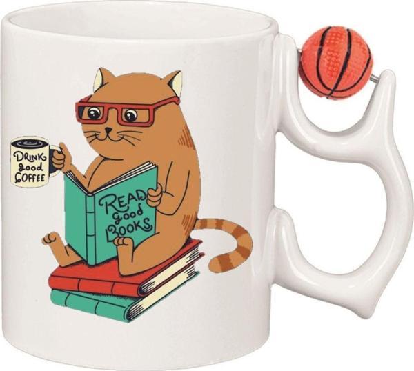 Kişiye Özel Kitap Okuyan Kedi Kalp Kulplu Özel Süblimasyon Baskılı Porselen Kupa Bardak Basketbol Kulp - Image 1