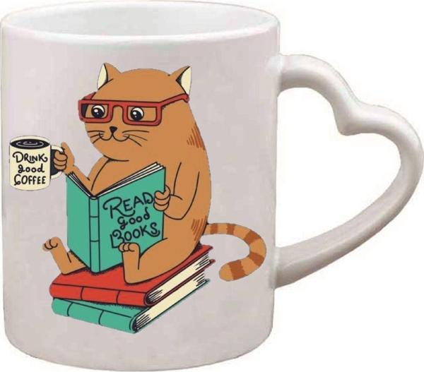 Kişiye Özel Kitap Okuyan Kedi Kalp Kulplu Özel Süblimasyon Baskılı Porselen Kupa Bardak Kalpli - Image 1