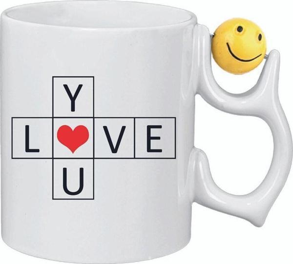 Kişiye Özel Love You Kalp Gülen Yüz Kulplu Hediye Süblimasyon Baskılı Beyaz Kupa Bardak Gülen Yüz - Image 1
