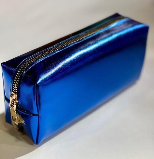 Premium Metalik Renkli Çanta Okul Kalem Kutusu Makyaj Çantası Fermuarlı Plaj El Çantası 20x9x6cm Mavi - Image 1