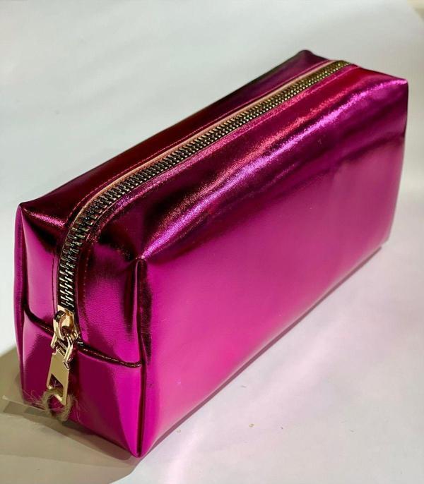 Premium Metalik Renkli Çanta Okul Kalem Kutusu Makyaj Çantası Fermuarlı Plaj El Çantası 20x9x6cm Pembe - Image 1