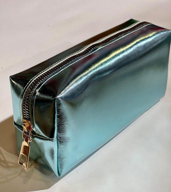 Premium Metalik Renkli Çanta Okul Kalem Kutusu Makyaj Çantası Fermuarlı Plaj El Çantası 20x9x6cm Turkuaz - Image 1