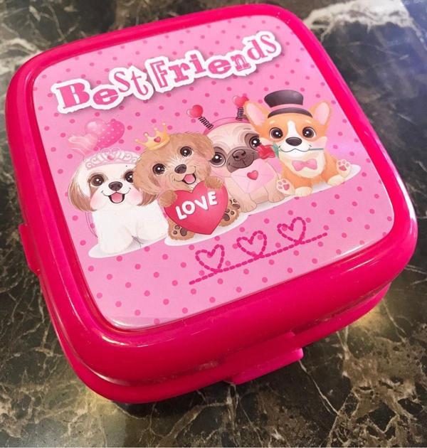Piano Pembe Kalpli Köpek Desenli 3 Bölmeli Çocuk Kaşık ve Çatal Beslenme Kutusu Saklama Kabı - Image 1
