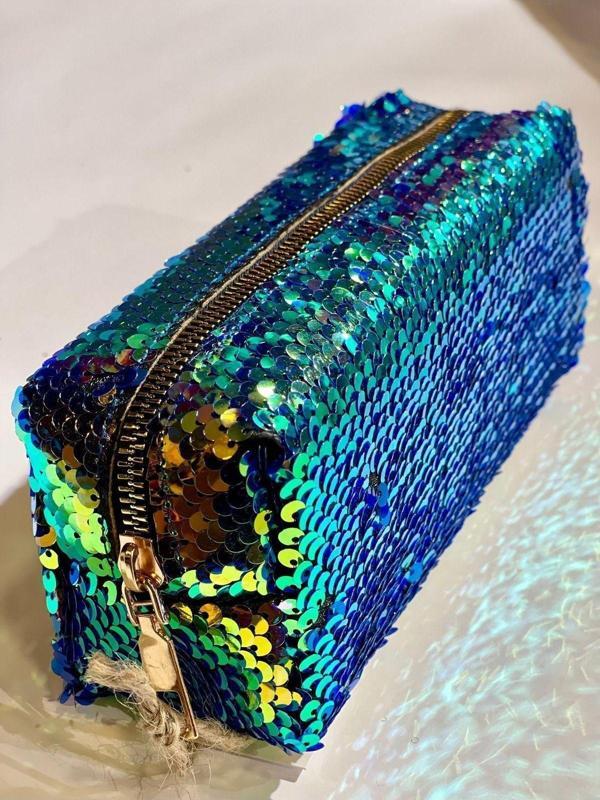 Premium Pullu Renkli Çanta Okul Kalemlik Makyaj Çantası Fermuarlı Plaj El Çantası 20x9x6 cm Mavi - Image 1