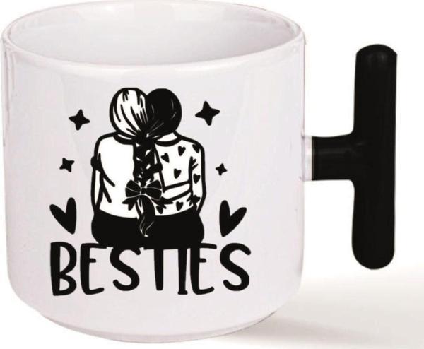 Kişiye Özel Besties Arkadaş Emoji Kalp Kulplu Süblimasyon Kaliteli Baskılı Porselen Kupa Bardak Siyah T - Image 1