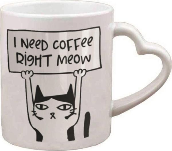 Kişiye Özel Coffee Kedi Emoji Ve Kalp Kulplu Özel Süblimasyon Baskılı Porselen Kupa Bardak Kalpli - Image 1