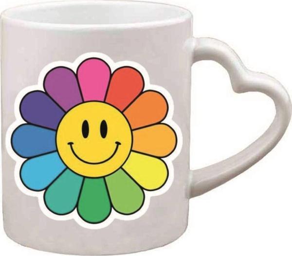 Kişiye Özel Rainbow Renkli Çiçek Kalp Kulplu Süblimasyon Kaliteli Baskılı Porselen Kupa Bardak Kalpli - Image 1