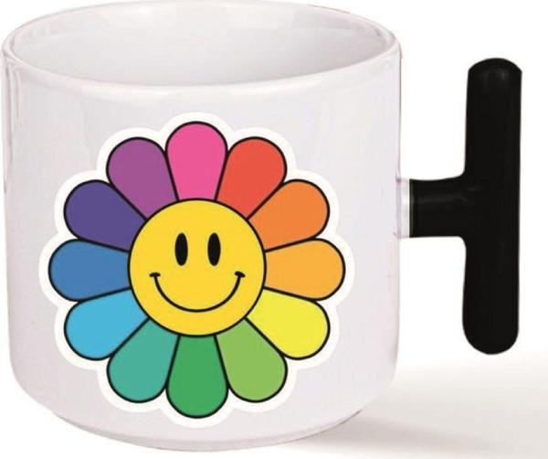 Kişiye Özel Rainbow Renkli Çiçek Kalp Kulplu Süblimasyon Kaliteli Baskılı Porselen Kupa Bardak Siyat T - Image 1