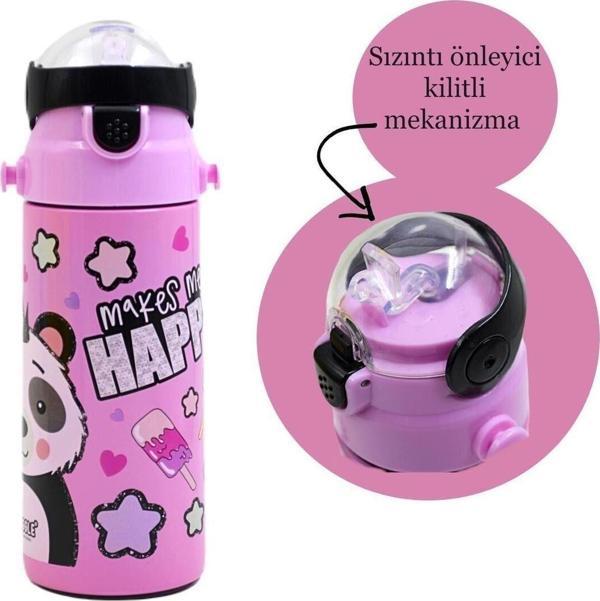 Panda Pipetli Çelik Pembe Çocuk Matara 550ml Mt2348 - Image 1
