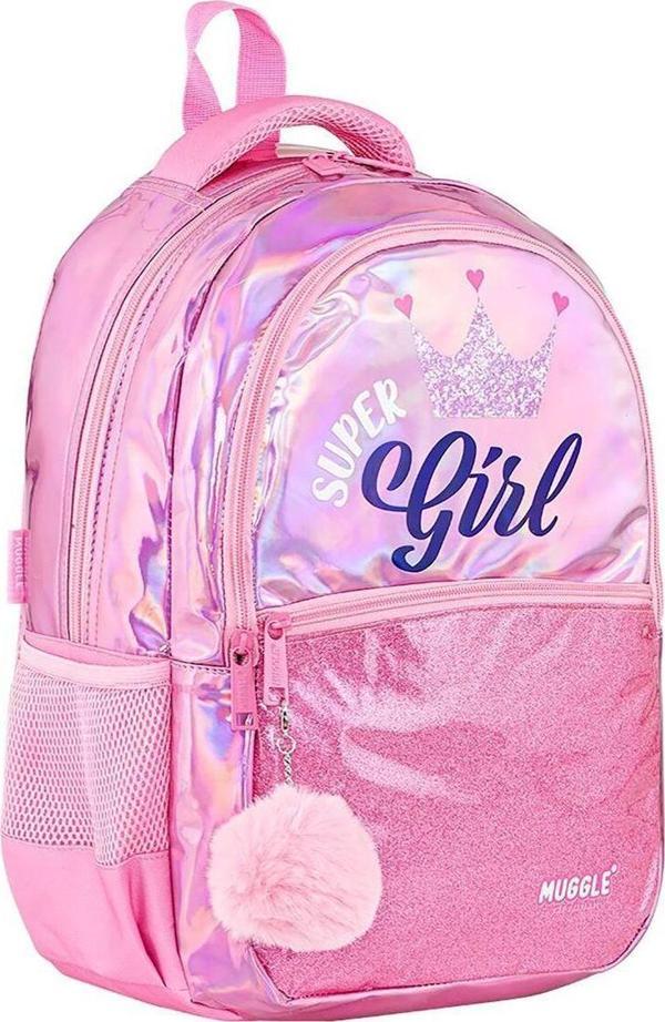Pembe Super Girl Taçlı Kız Okul Çantası Sırt Çanta 39 x 28 x 14 cm - Image 1