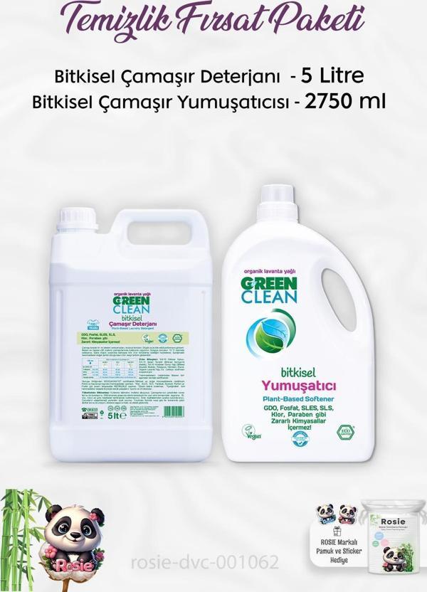 Green Clean Bitkisel Çamaşır Yumuşatıcısı  2750 ml, Çamaşır Deterjanı 5 lt ve ROSIE - Image 1