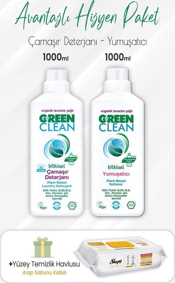 Green Clean Bitkisel Deterjan, Yumuşatıcı 1 lt ve Arap Sabunlu Yüzey Temizlik Havlusu 100' lü - Image 1