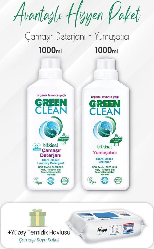 Green Clean Deterjan, Yumuşatıcı 1 lt ve Çamaşır Sulu Yüzey Temizlik Havlusu 100' lü - Image 1