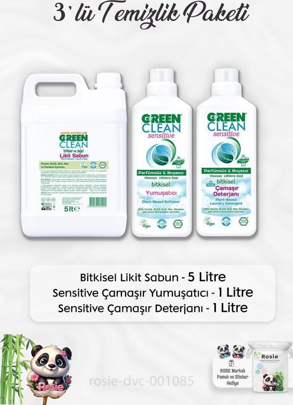 Green Clean Likit Sabun 5 lt, Sensitive Çamaşır Deterjanı 1 lt, Sensitive Yumuşatıcı 1 lt ve ROSIE - Image 1