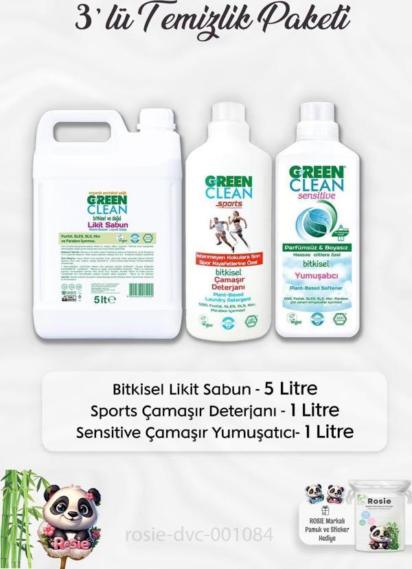 Green Clean Likit Sabun 5 lt, Sports Çamaşır Deterjanı 1 lt, Sensitive Yumuşatıcı 1 lt ve ROSIE - Image 1
