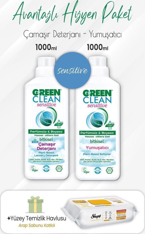 Green Clean Sensitive Deterjan, Yumuşatıcı 1 lt ve Arap Sabunlu Yüzey Temizlik Havlusu 100' lü - Image 1