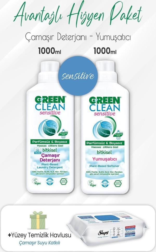 Green Clean Sensitive Deterjan, Yumuşatıcı 1 lt ve Çamaşır Sulu Yüzey Temizlik Havlusu 100' lü - Image 1