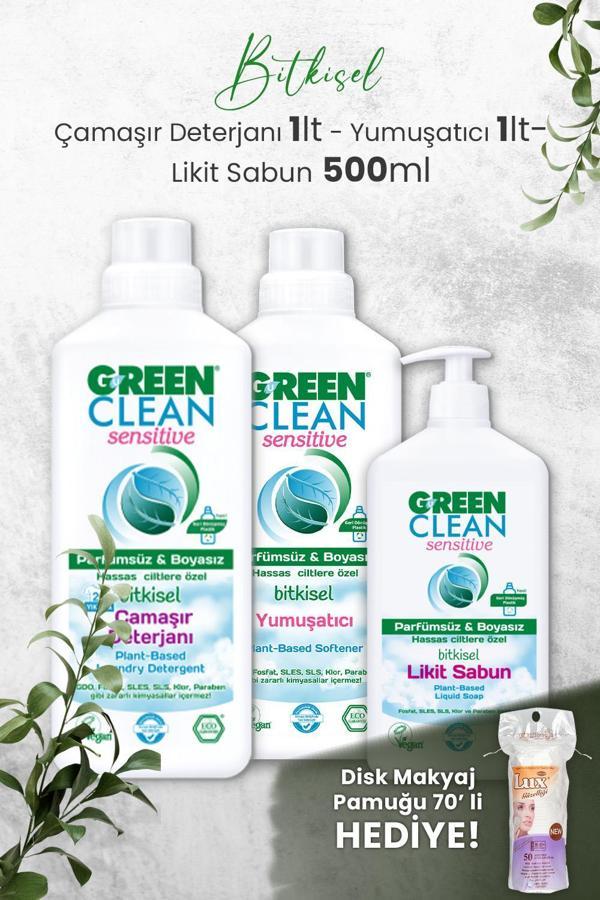 Green Clean Sensıtıve Kokusuz Çamaşır Deterjanı ve Yumuşatıcı 1 L, Likit Sabun 500 ml ve Hediyeli - Image 1