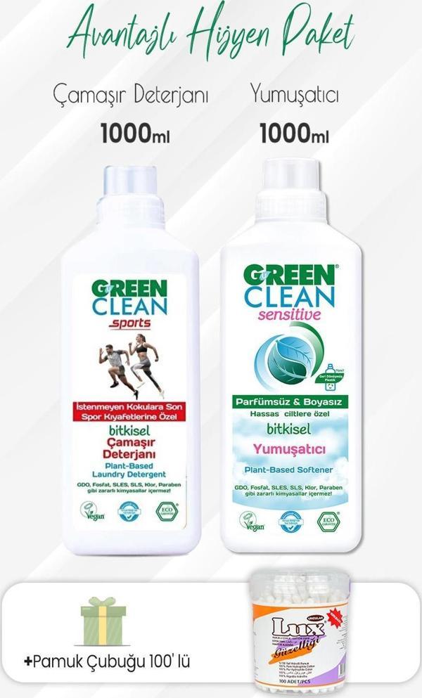 Green Clean Sports Çamaşır Deterjanı,Sensitive Yumuşatıcı 1000 ml ve Pamuk Çubuğu - Image 1