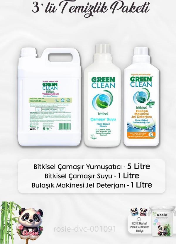 Green Clean Yumuşatıcı 5 lt, Çamaşır Suyu 1 lt, B.Makinesi Deterjanı ve ROSIE - Image 1