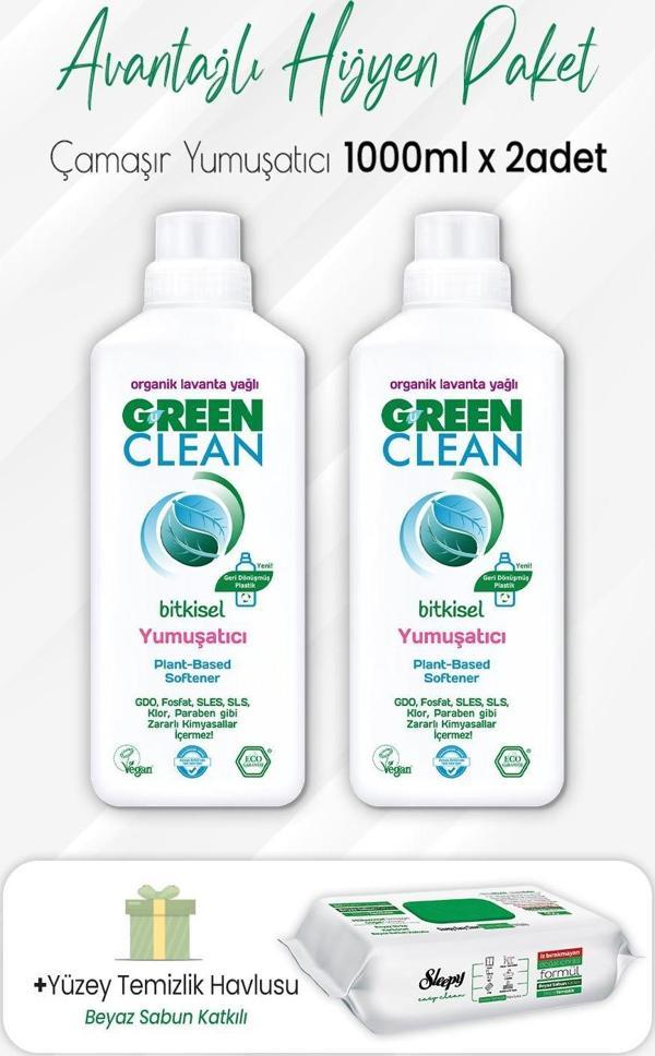 Green Clean Yumuşatıcı Lavanta 1 lt x 2 Adet ve Easy Clean Temizlik Havlusu 100' lü - Image 1