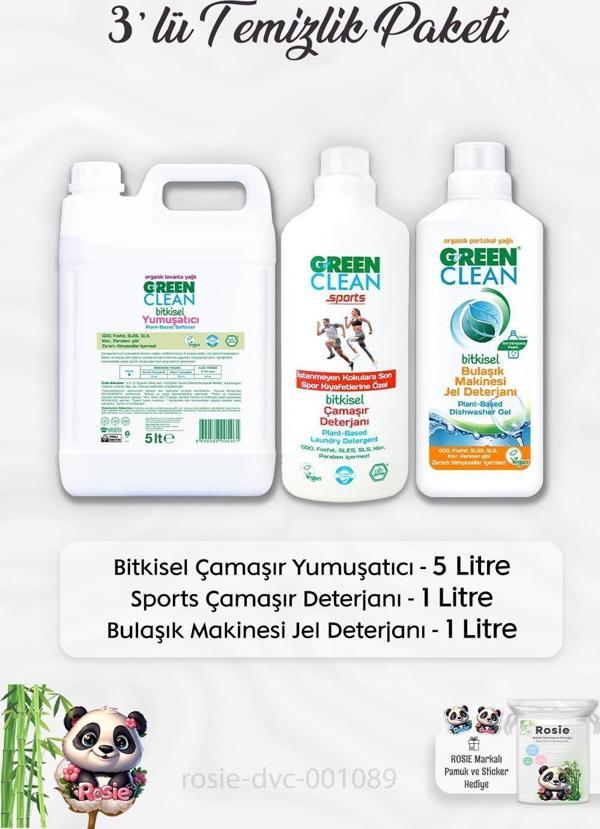 Green Clear Yumuşatıcı 5 lt, Sports Çamaşır Deterjanı 1 lt, B.Makinesi Deterjanı 1 lt ve ROSIE - Image 1