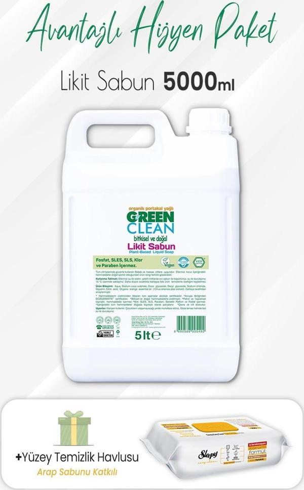 Green Clean Bitkisel Likit Sabun 5 lt ve Arap Sabunlu Yüzey Temizlik 100' lü - Image 1
