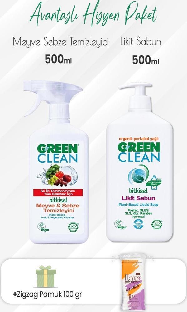 Green Clean Meyve Sebze Temizleyici,Portakallı Likit Sabun 500 ml Zigzag Pamuk - Image 1