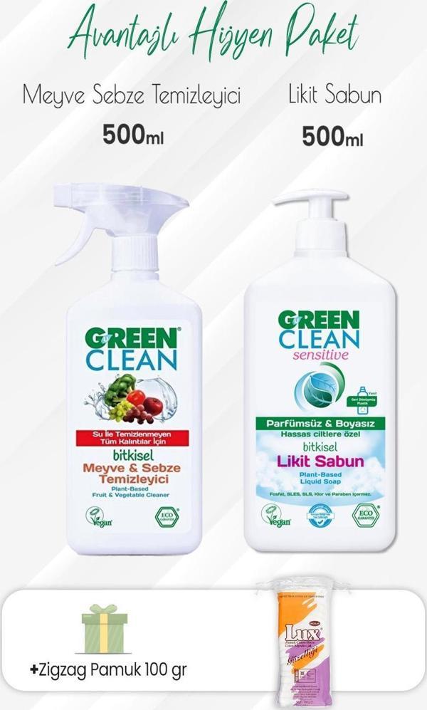 Green Clean Meyve Sebze Temizleyici,Sensitive  Likit Sabun 500 ml ve Zigzag Pamuk - Image 1