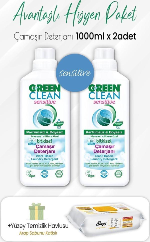 Green Clean Sensitive Deterjan 1 lt x 2 Adet ve Arap Sabunlu Temizlik Havlusu 100' lü - Image 1