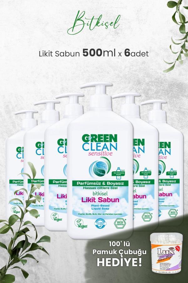 U Green Clean Organik Kokusuz Likit Sensitive Sabun 500 ML x 6 Adet ve Hediyeli - Image 1