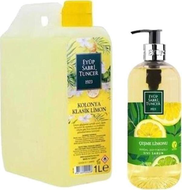 Eyüp Sabri Tuncer Klasik Limon Kolonyası Yedek Şişe 1 Lt ve Çeşme Limonu sıvı Sabun 500 ML - Image 1