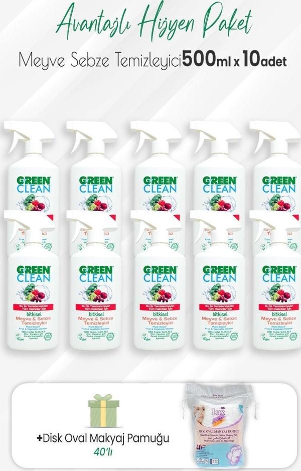 Green Clean 10'lu Bitkisel Meyve Sebze Temizleyici 500 ml ve Disk Oval Pamuk 40'lı - Image 1