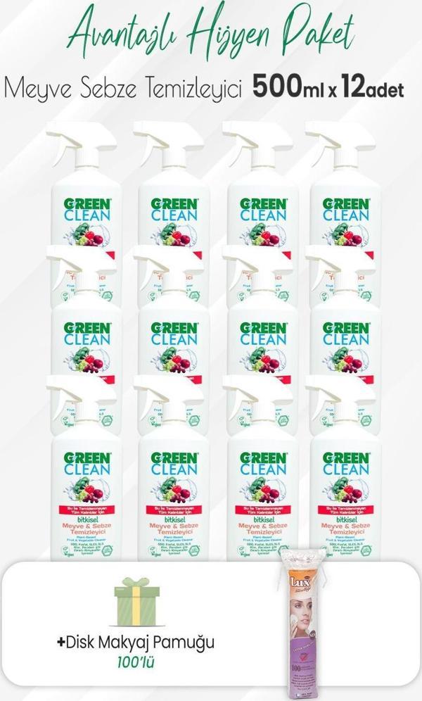 Green Clean 12'li Bitkisel Meyve Sebze Temizleyici 500 ml ve Disk Pamuk 100'lü - Image 1