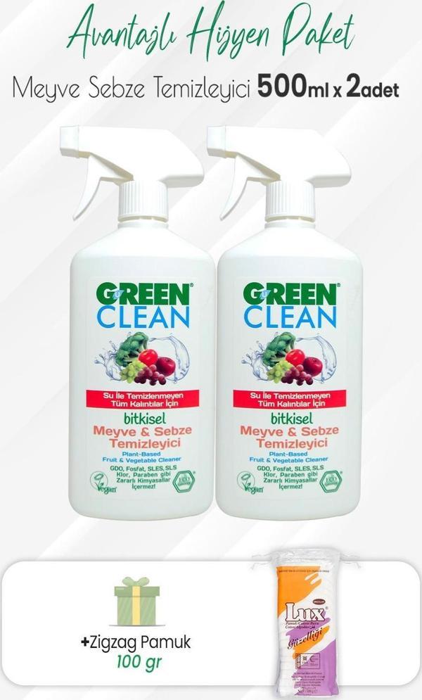 Green Clean 2'li Bitkisel Meyve Sebze Temizleyici 500 ml ve Zigzag Pamuk 100 gr - Image 1