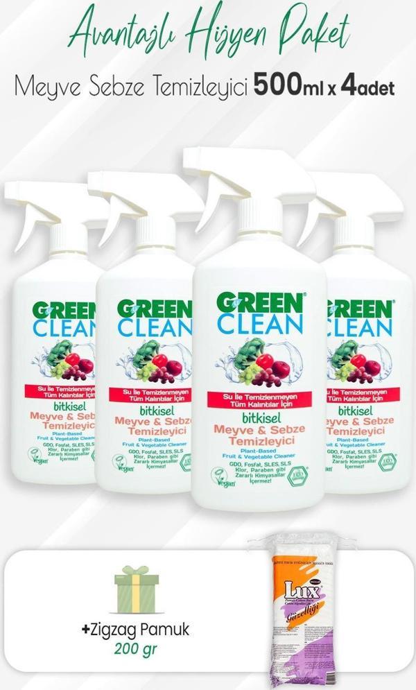Green Clean 4'lü Bitkisel Meyve Sebze Temizleyici 500 ml ve Zigzag Pamuk 200 gr - Image 1