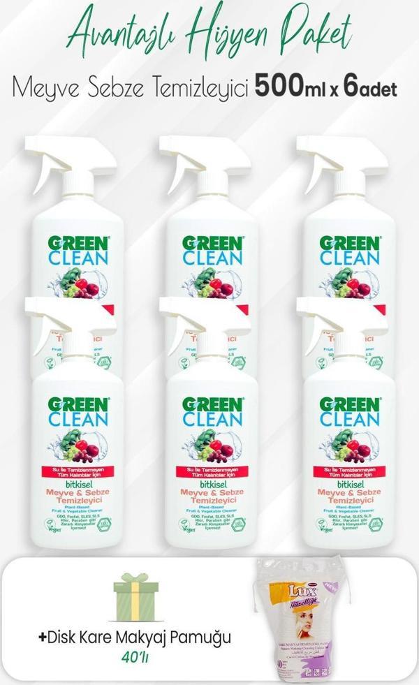 Green Clean 6'lı Bitkisel Meyve Sebze Temizleyici 500 ml ve Disk Kare Pamuk 40'lı - Image 1