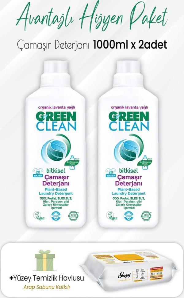 Green Clean Bitkisel Çamaşır Deterjanı 1 lt x 2 Adet ve Arap Sabunlu Temizlik Havlusu 100' lü - Image 1