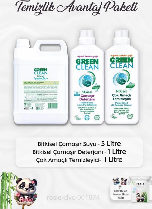 Green Clean Bitkisel Çamaşır Suyu 5 lt, Çamaşır Deterjanı 1 lt, Çok Amaçlı Temizleyici 1 lt ve ROSIE - Image 1
