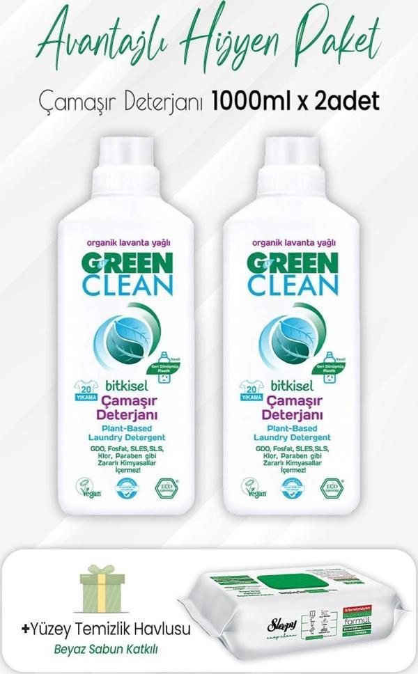 Green Clean Çamaşır Deterjanı 1 lt x 2 Adet ve Easy Clean Temizlik Havlusu 100' lü - Image 1