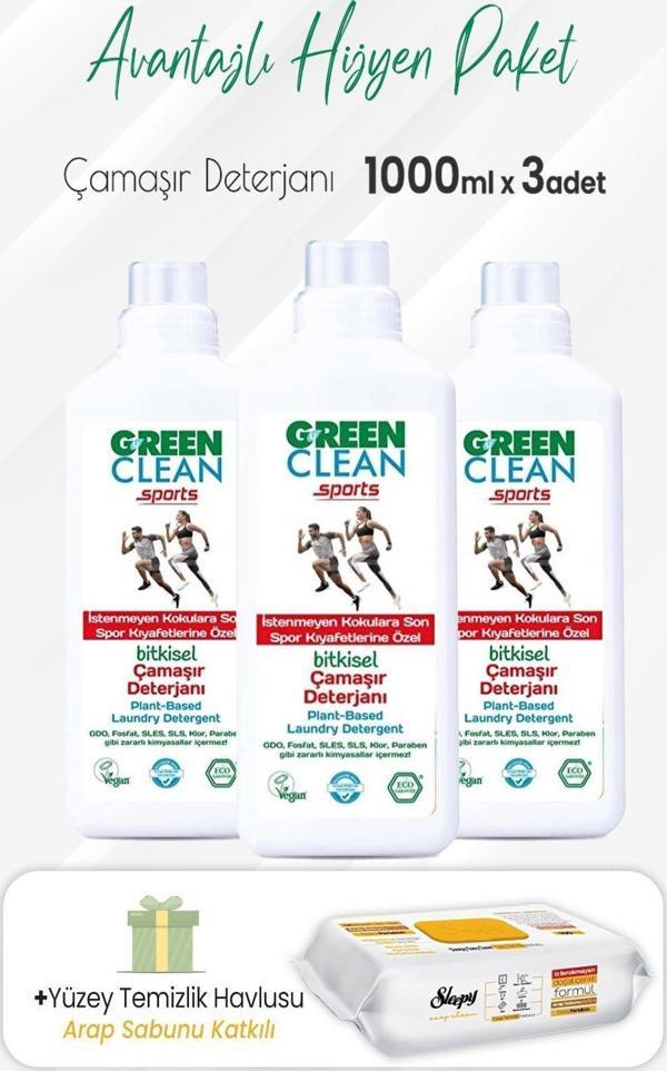 Green Clean Çamaşır Deterjanı Sports 1000 ml x 3 Adet ve Arap Sabunlu Temizlik Havlusu - Image 1